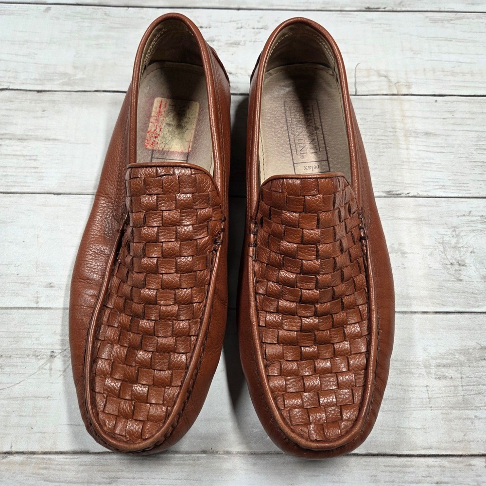Mercanti Fiorentini Loafers Men 8M Cognac Brown Woven Leather Driving Mocs Relax